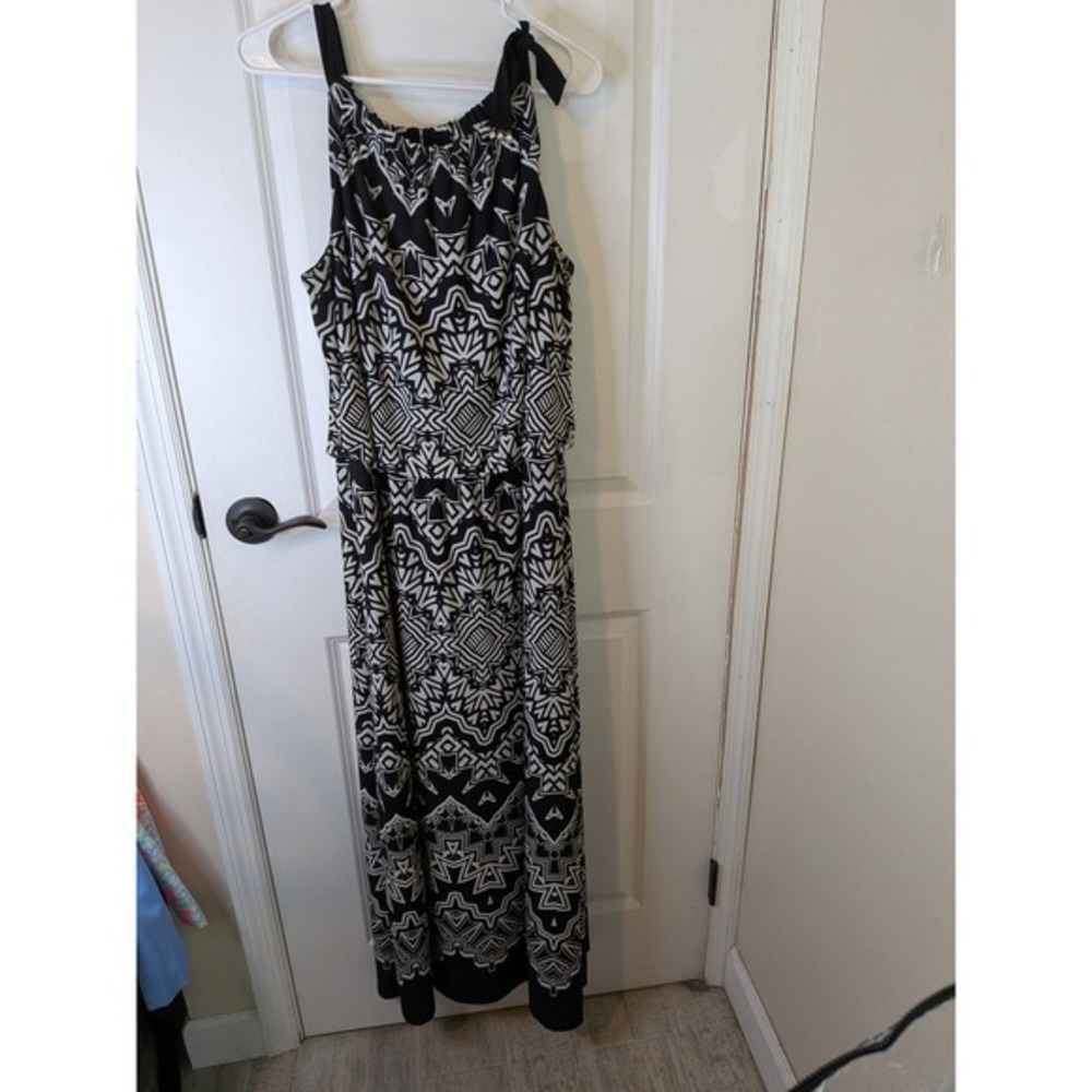 Alfani‎ Womens Black White Geometric Tribal Halter Maxi Dress Tie Shoulder XL